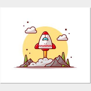 Space Shuttle Taking Off with Clouds, Mountain and Tree Space Cartoon Vector Icon Illustration Posters and Art